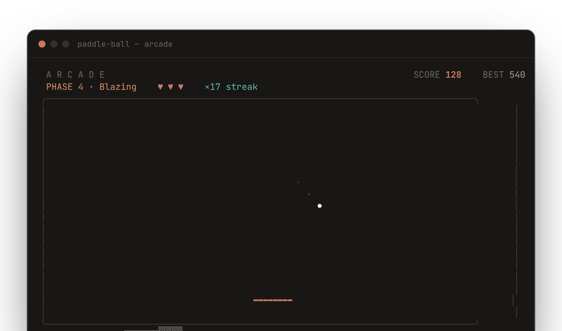 pong-ball running in a terminal: Arcade mode showing score 128, phase 4 Blazing, three lives, a 17 streak, the ball and its trail, the coral paddle, and an active Fire Paddle power-up.